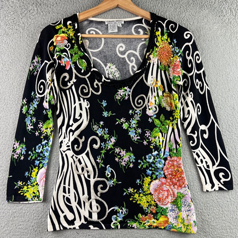 Alberto Makali Floral Zebra Sequin Beaded Scoop Neck Knit Top Small Black Multi